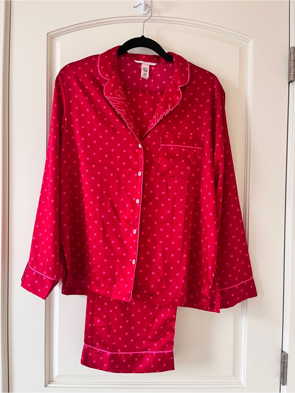 Victoria’s Secret Red Pink Polka Dot Satin Pajama Set | S | Sleepover Chic